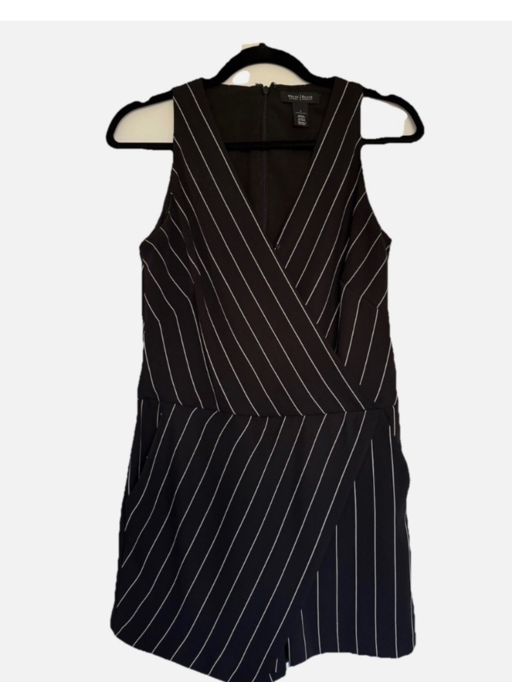 WHBM Black Pinstripe Romper Size 2 – Elegant Sleeveless Wrap Style Office Chic